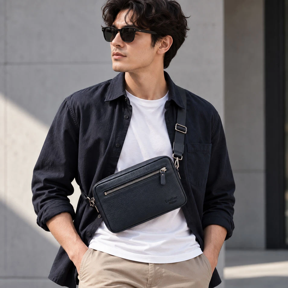Minimalist navy leather crossbody bag for men 10091 worn as chest sling bag – กระเป๋าหนังสะพายข้างผู้ชาย