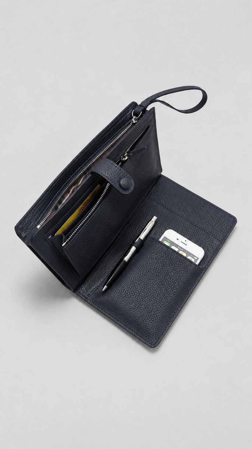 Men’s leather long wallet 2936 open view with zip pockets, card slots, phone pocket and pen slot