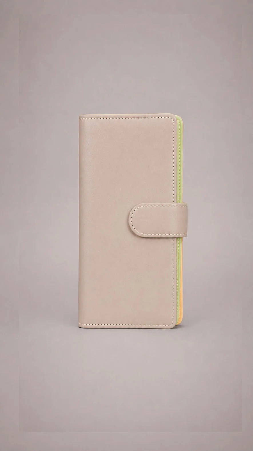 Taupe genuine leather long wallet with snap strap and pastel edges, Tulip Collection