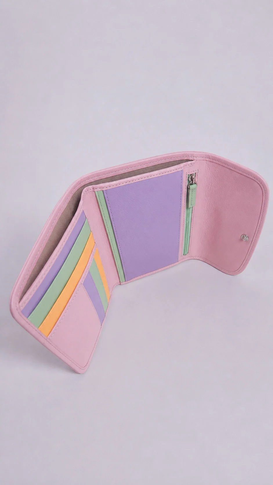 Tulip Collection pastel leather wallet, model 1216, showing colorful trifold interior