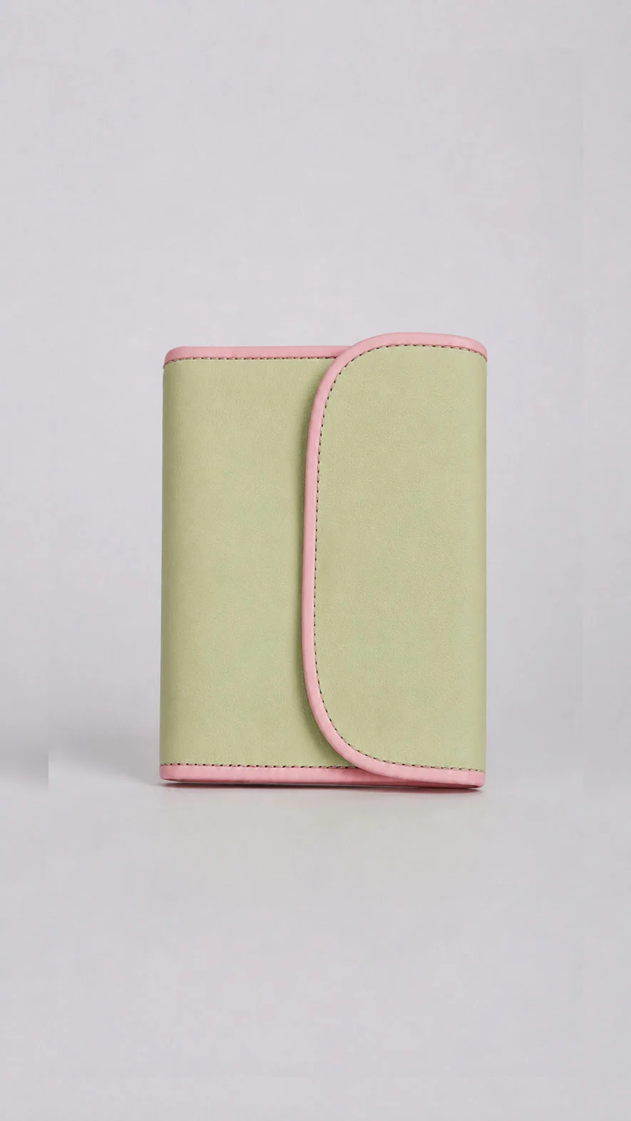 Tulip Collection pastel genuine leather trifold wallet with soft green exterior and pink trim