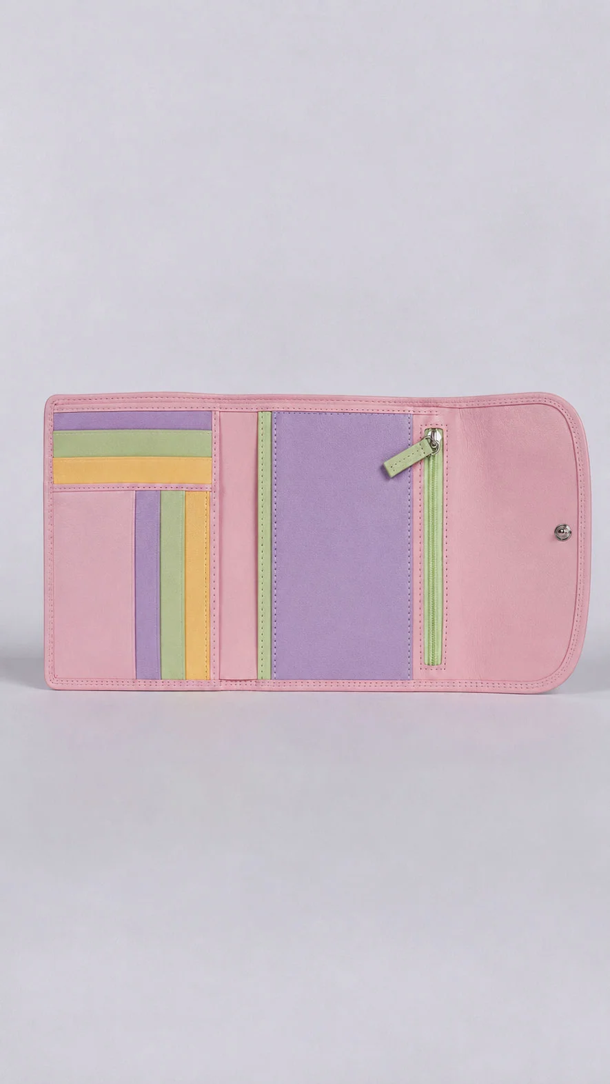 Tulip Collection genuine leather trifold wallet with pastel card slots and zippered coin pocket