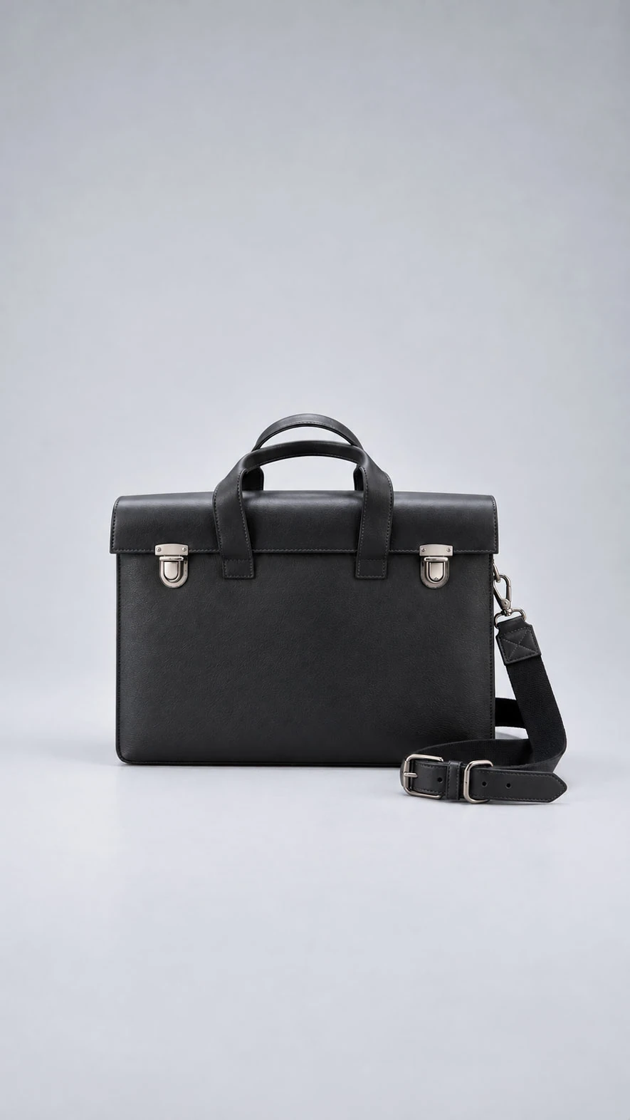 Minimalist black leather briefcase 5945 with twin push locks and shoulder strap – กระเป๋าเอกสารหนัง