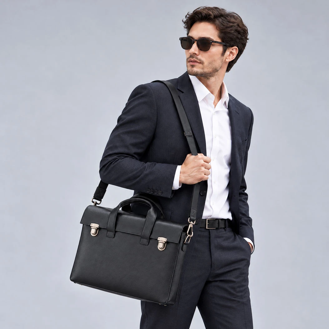 Men carrying minimalist black leather briefcase 5945 with detachable shoulder strap