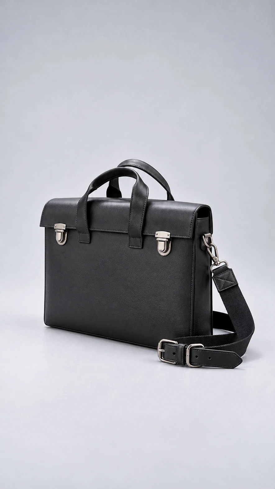 Black leather satchel briefcase 5945 with twin push locks and adjustable strap