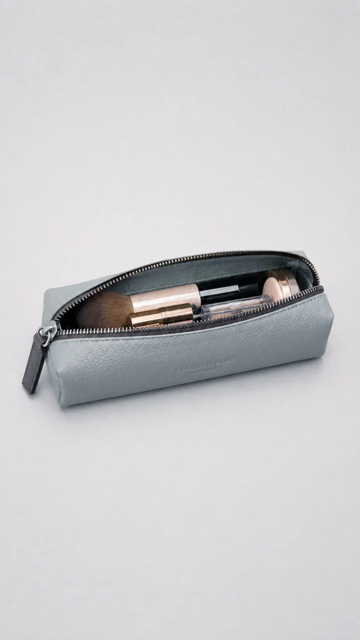 กระเป๋าใส่เครื่องสำอางหนังแท้ ทรงกระบอก (Leather Cosmetic Bag) – โรงงานรับผลิต OEM Leather Mine