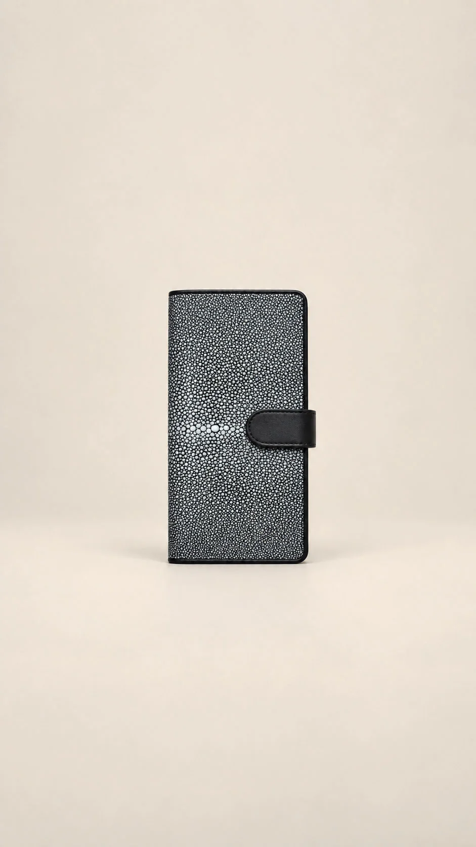Black stingray leather long wallet with natural white pearl and snap closure, model 2017/1