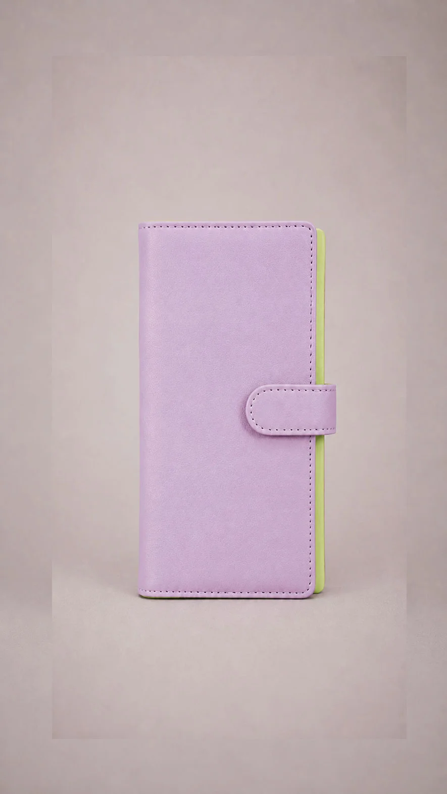 Lavender genuine leather trifold jewelry pouch with pistachio green edge and snap closure, Tulip Collection