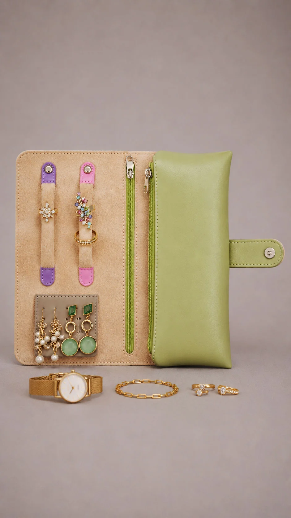 Lavender genuine leather trifold jewelry pouch with velvet lining, ring rolls, earring panel, and green zip pouch, Tulip Collection